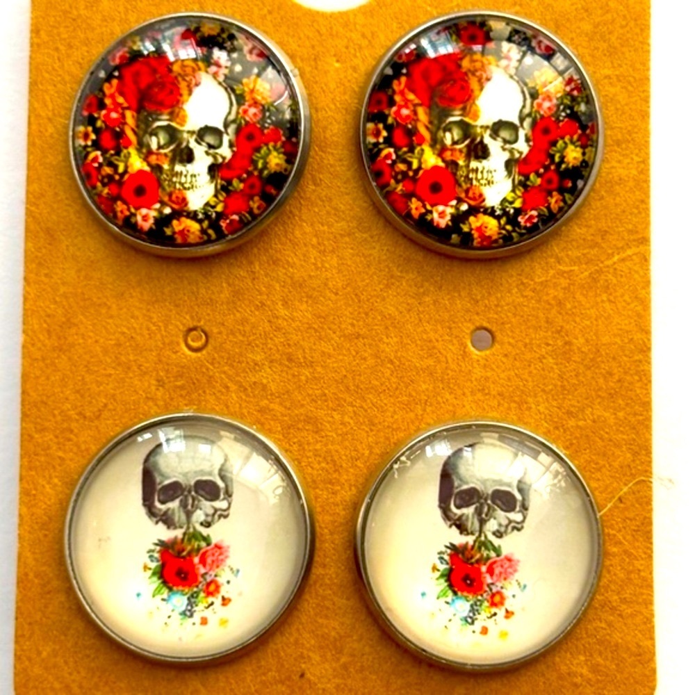 2 Pairs 16mm Skull and Flowers Stainless Steel Handmade Earrings, NWT